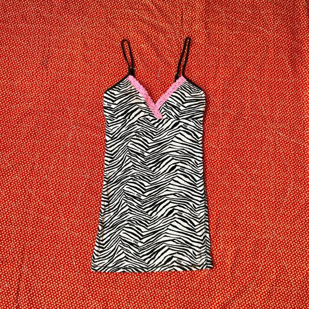 Victoria Secret PINK Zebra Print Cami Tank Top Pink Lace Trim Small built in bra